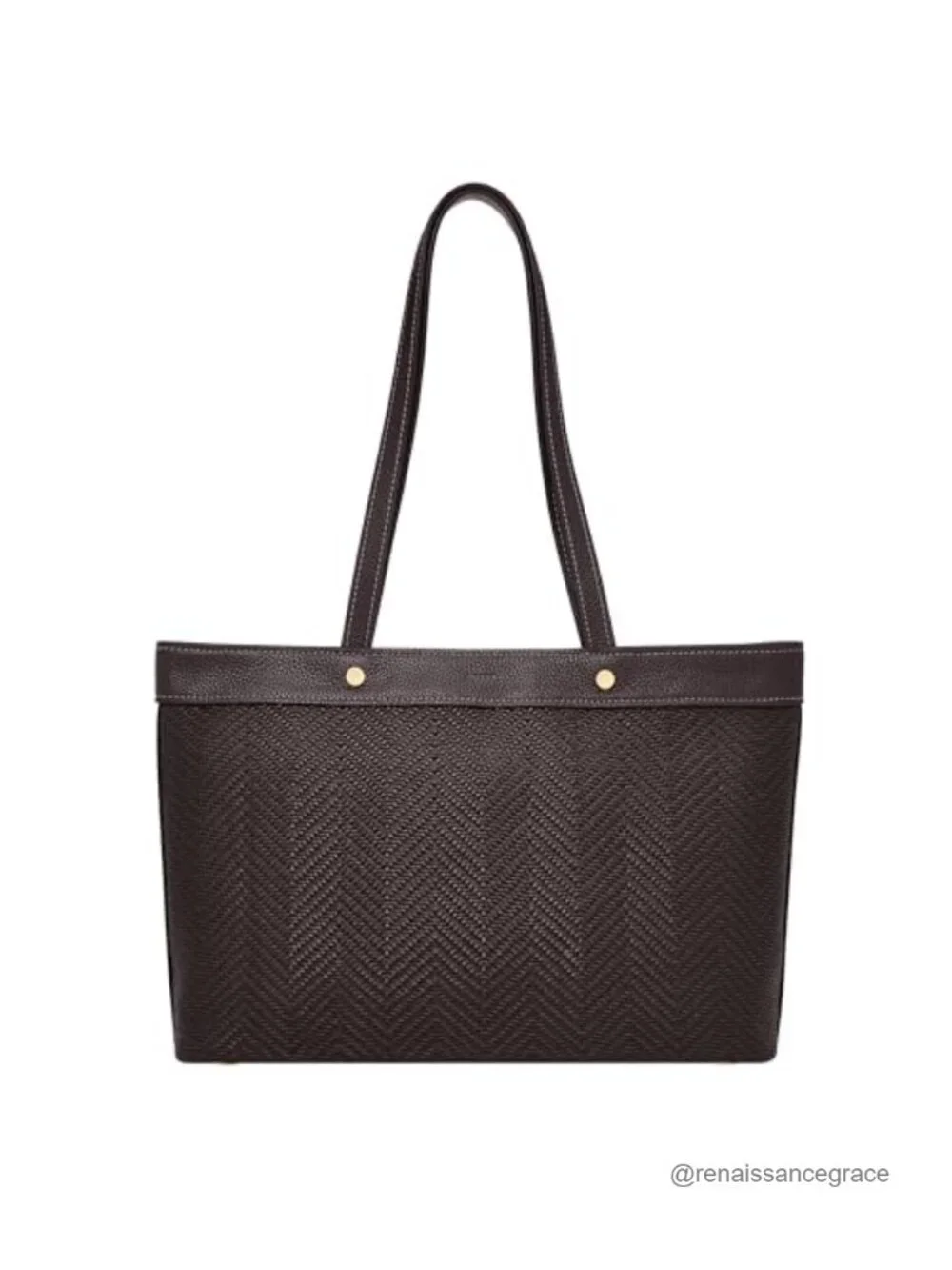 Woven Leather Trim Tote Bag with Laptop Compartment, Shoulder Strap, Zipper